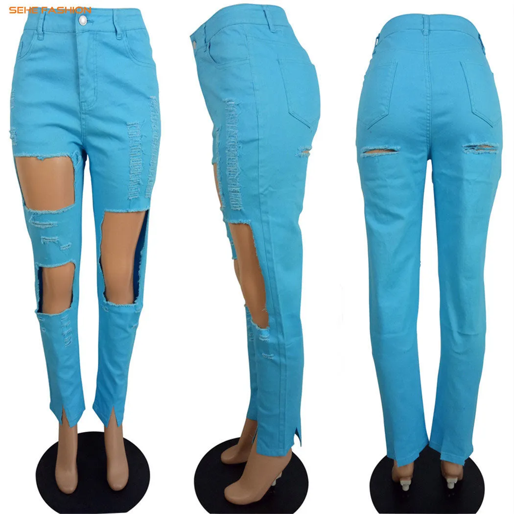 21105-Mx68 Denim Ripped Designs High Waist Plus Size Women Jeans Sehe Fashion