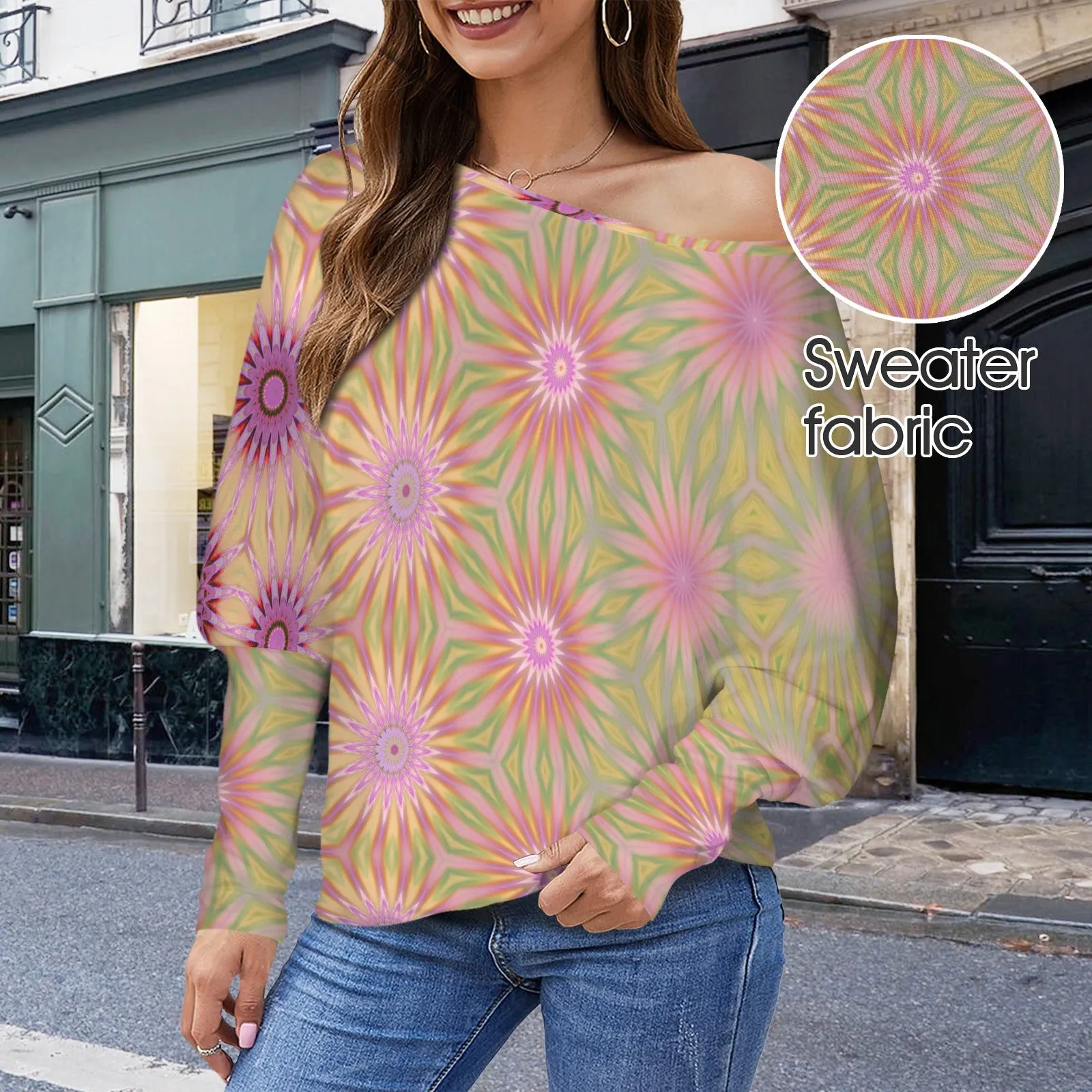 Batwing Long Sleeve Sweater Purple Pink Coneflowers