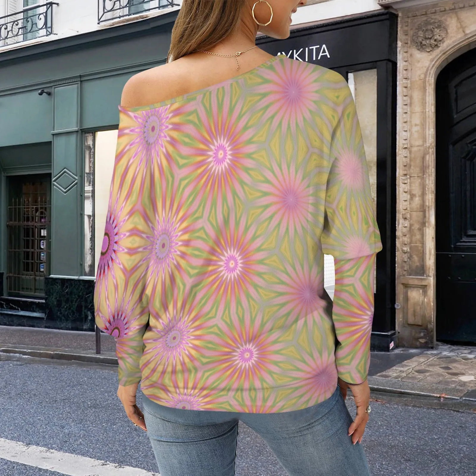 Batwing Long Sleeve Sweater Purple Pink Coneflowers