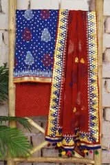 Blue Bandhani Cotton Unstitched Suit with Leheriya Dupatta