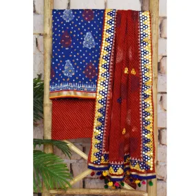 Blue Bandhani Cotton Unstitched Suit with Leheriya Dupatta