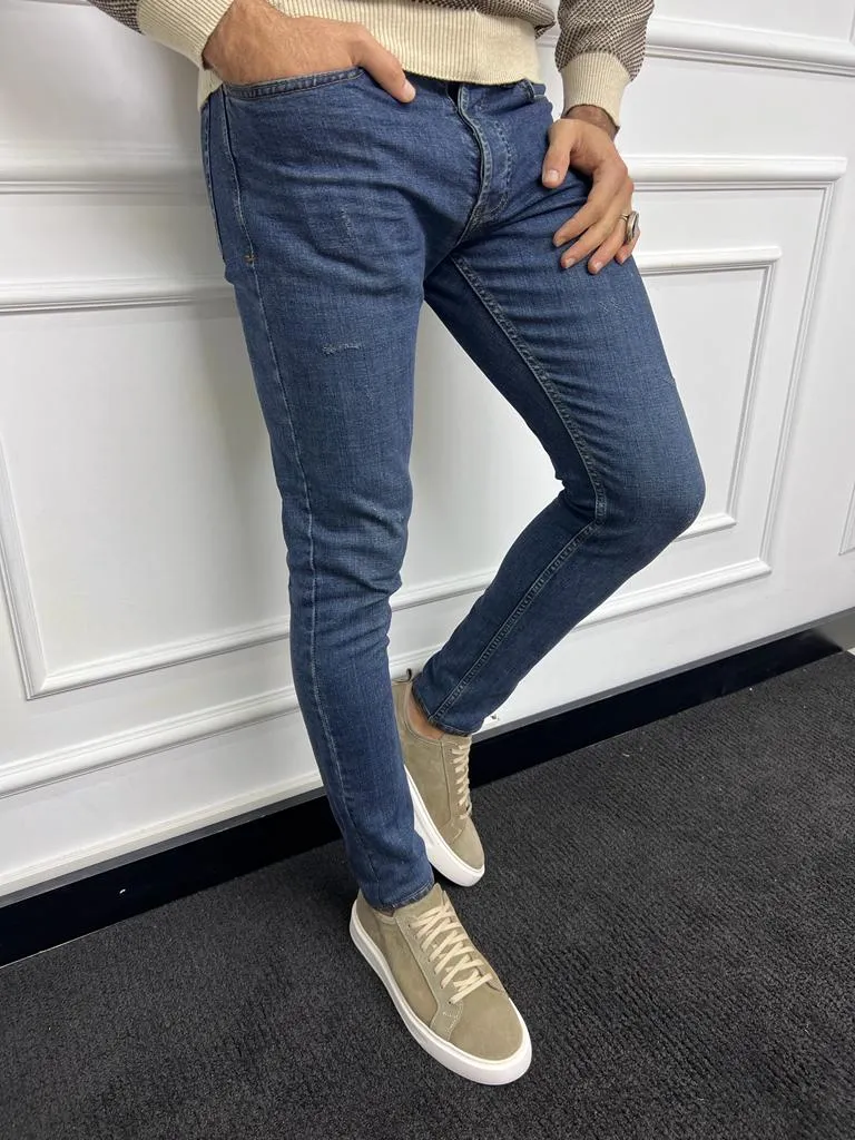 Blue Slim Fit Ripped Jeans for Men by GentWith.com