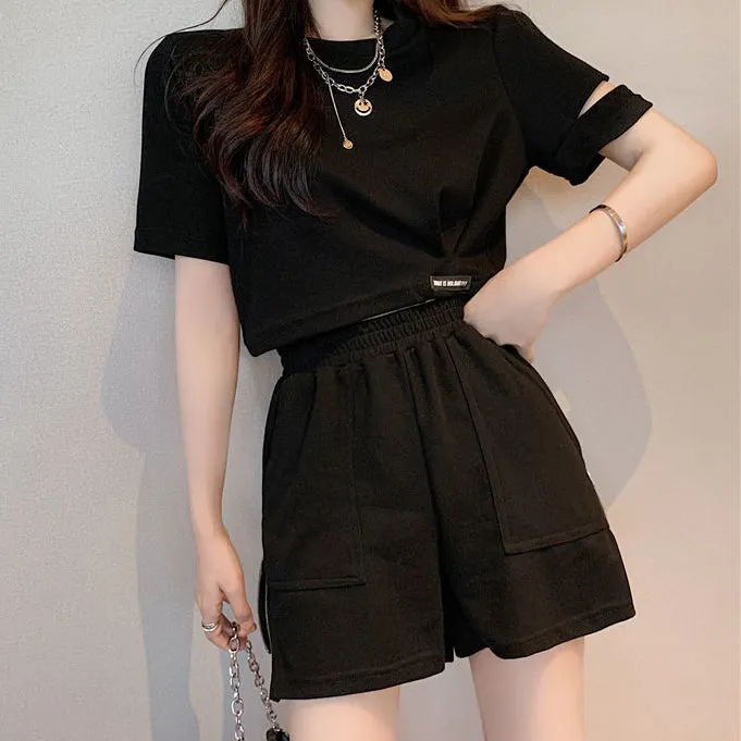 Casual Sports Short Sleeve Top Side Zip Shorts Set
