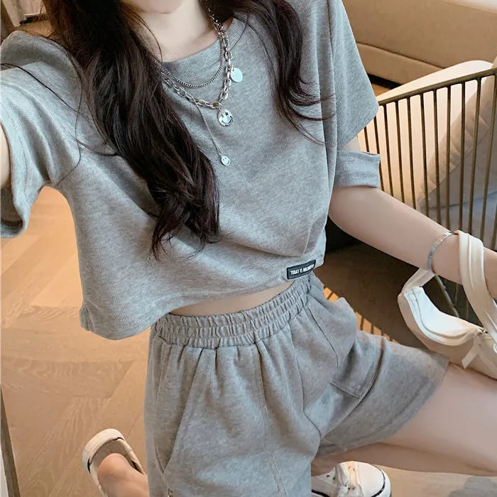 Casual Sports Short Sleeve Top Side Zip Shorts Set