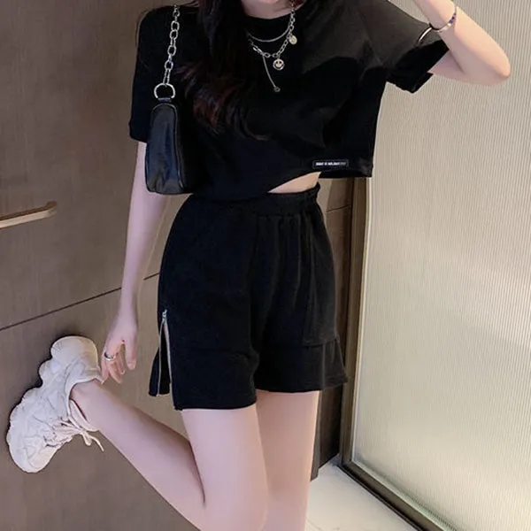 Casual Sports Short Sleeve Top Side Zip Shorts Set