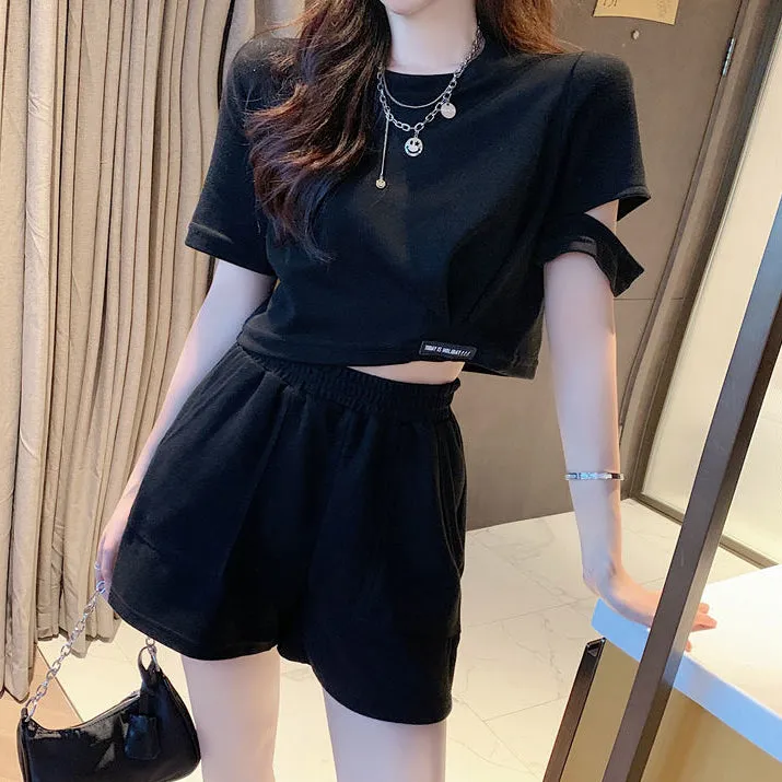 Casual Sports Short Sleeve Top Side Zip Shorts Set