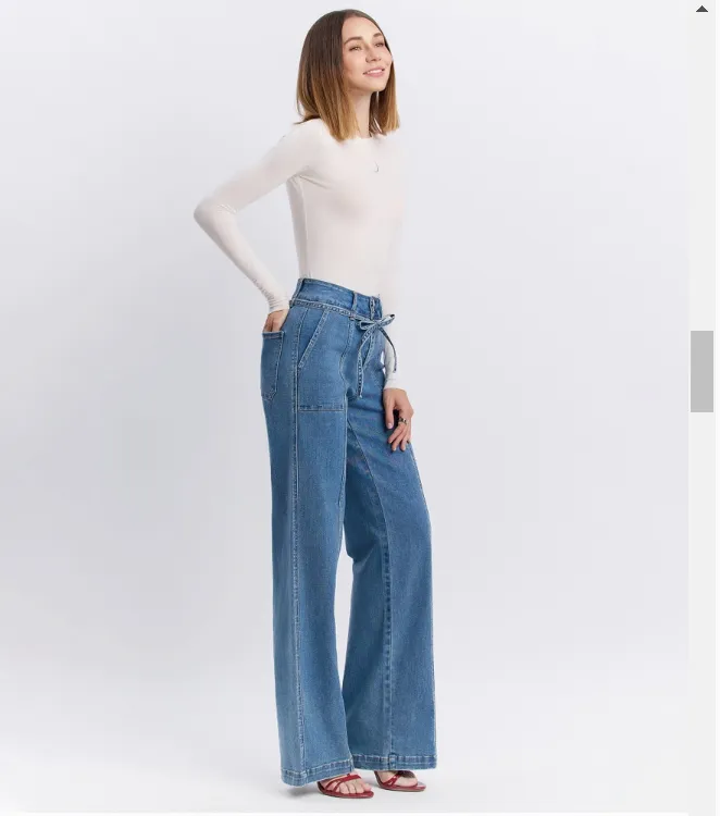Hi Rise Tie Waistband wide leg jean - Vervet