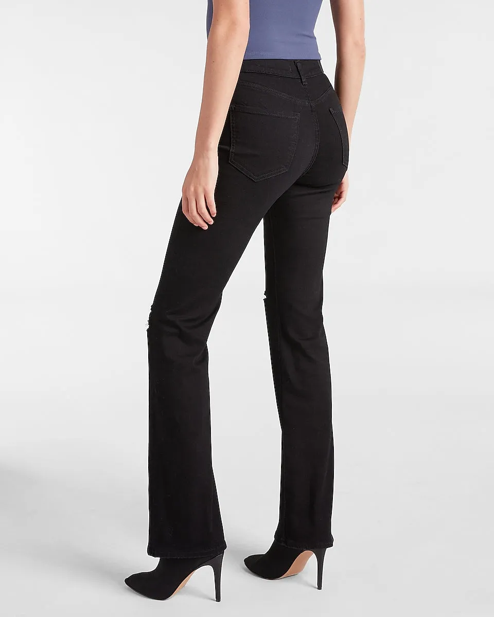 High Waisted Black Ripped Supersoft Bootcut Jeans in Pitch Black