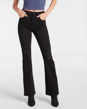 High Waisted Black Ripped Supersoft Bootcut Jeans in Pitch Black