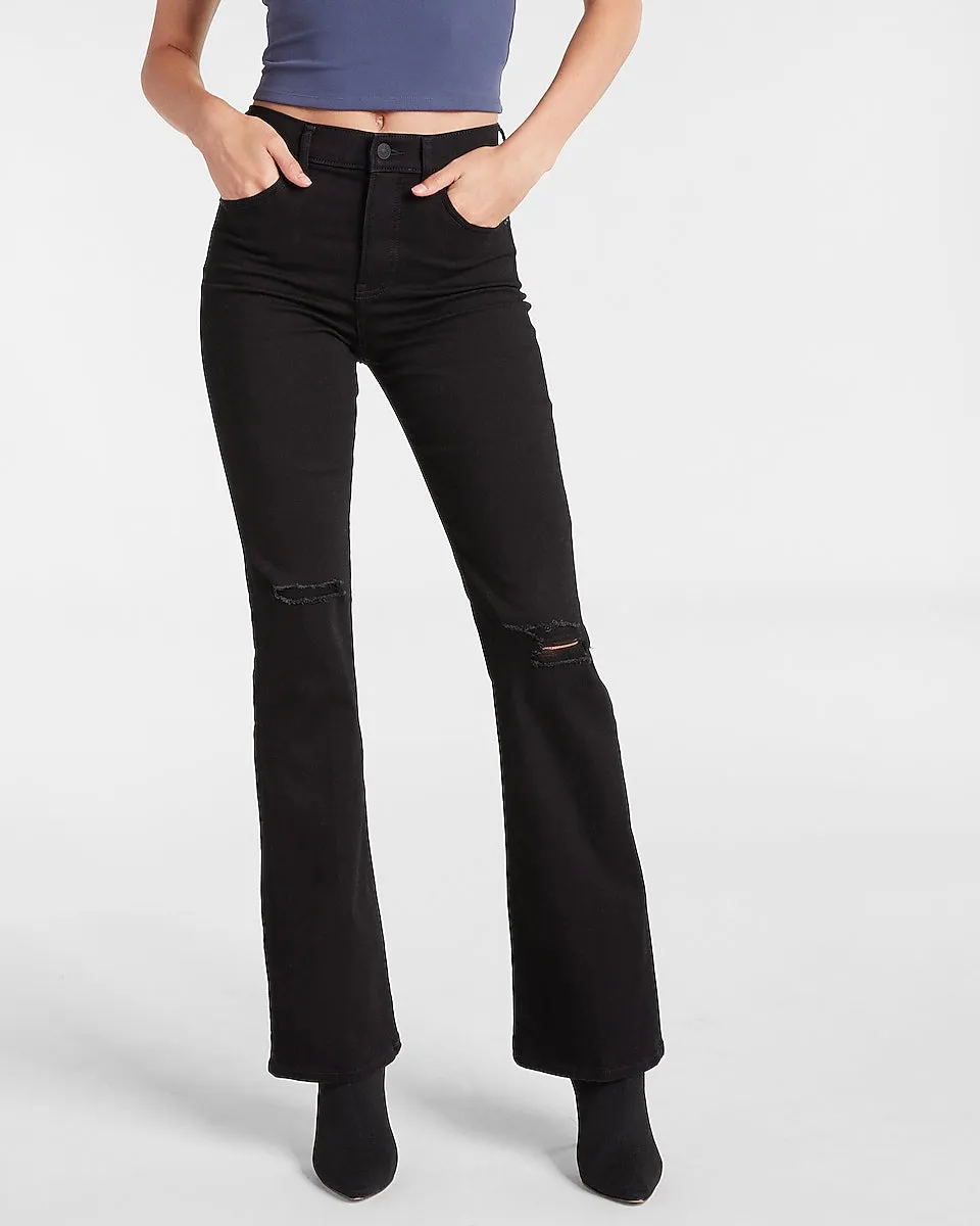 High Waisted Black Ripped Supersoft Bootcut Jeans in Pitch Black