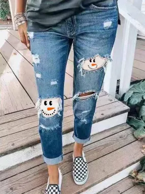 Jeans Snowman Print Ripped Skinny Jeans for Women