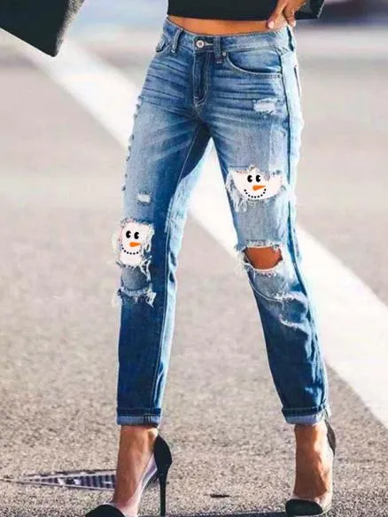 Jeans Snowman Print Ripped Skinny Jeans for Women