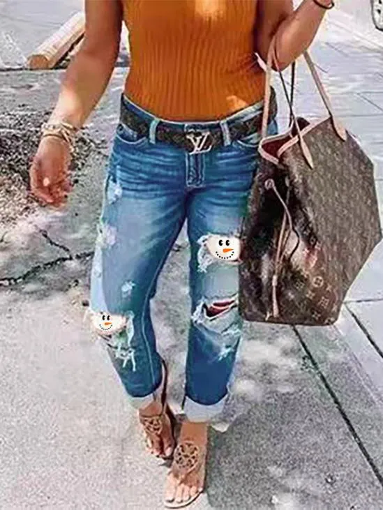 Jeans Snowman Print Ripped Skinny Jeans for Women