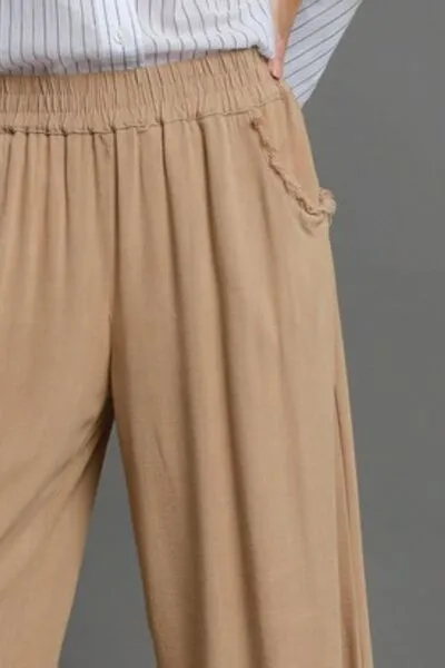 Linen Blend Wide-Leg Pants – Elastic Waist Raw Hem Trousers