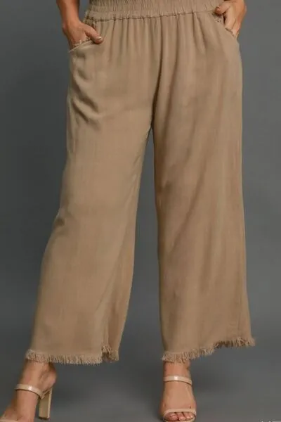 Linen Blend Wide-Leg Pants – Elastic Waist Raw Hem Trousers