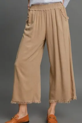 Linen Blend Wide-Leg Pants – Elastic Waist Raw Hem Trousers