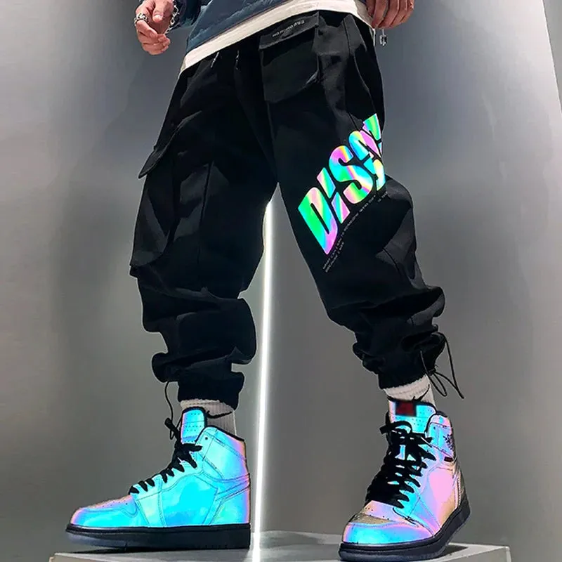 Mens Casual Cargo Pants Black Sports Joggers Reflective Trend Loose Trousers Male