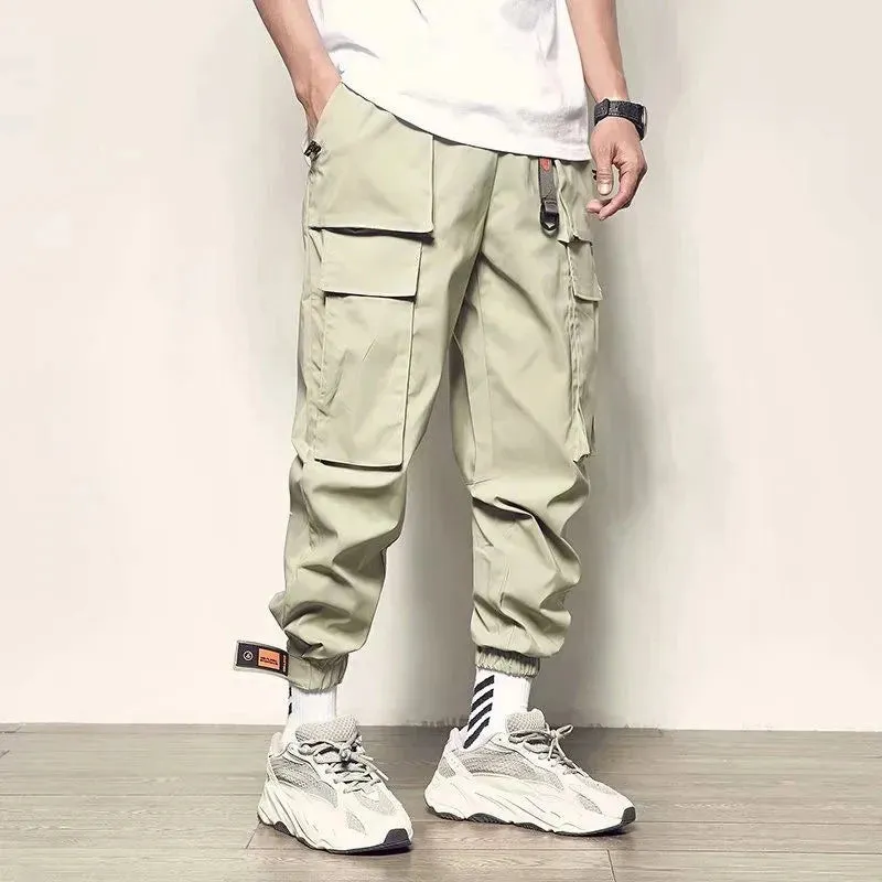 Mens Casual Cargo Pants Black Sports Joggers Reflective Trend Loose Trousers Male