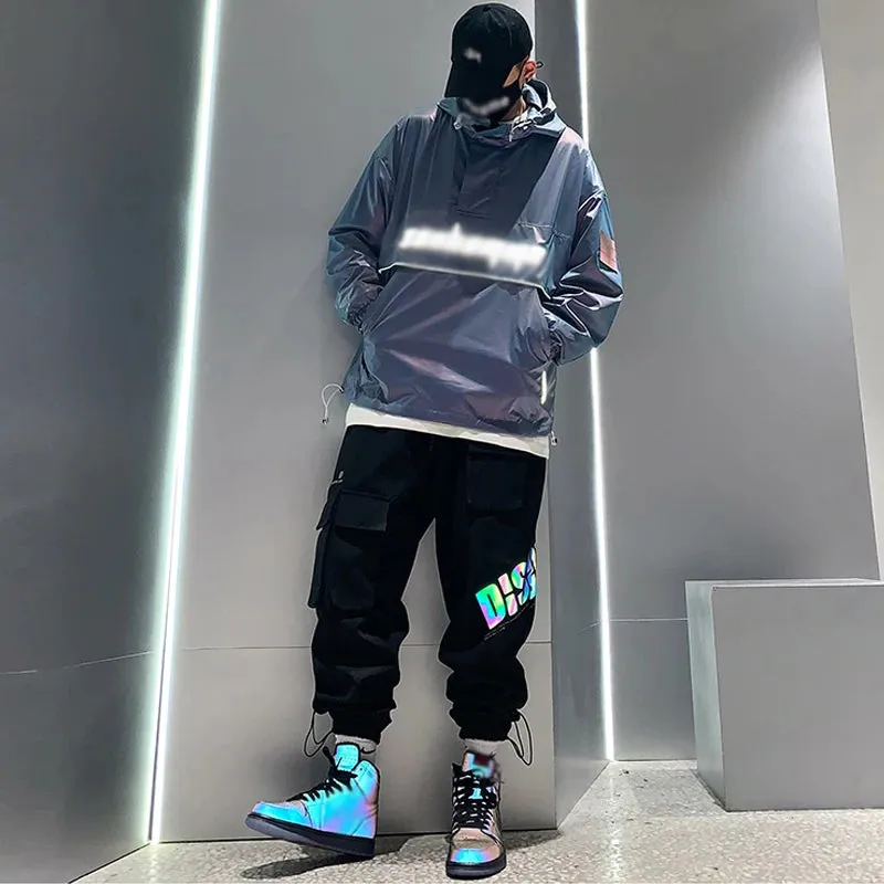 Mens Casual Cargo Pants Black Sports Joggers Reflective Trend Loose Trousers Male