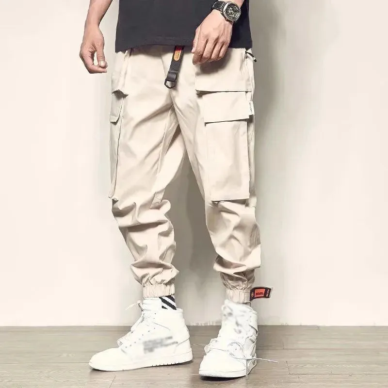 Mens Casual Cargo Pants Black Sports Joggers Reflective Trend Loose Trousers Male