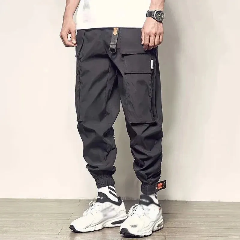 Mens Casual Cargo Pants Black Sports Joggers Reflective Trend Loose Trousers Male
