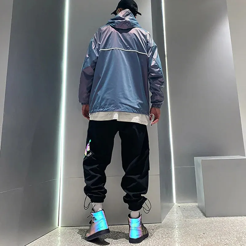 Mens Casual Cargo Pants Black Sports Joggers Reflective Trend Loose Trousers Male
