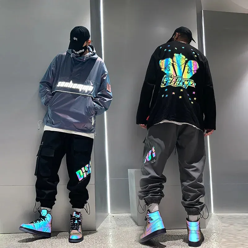 Mens Casual Cargo Pants Black Sports Joggers Reflective Trend Loose Trousers Male