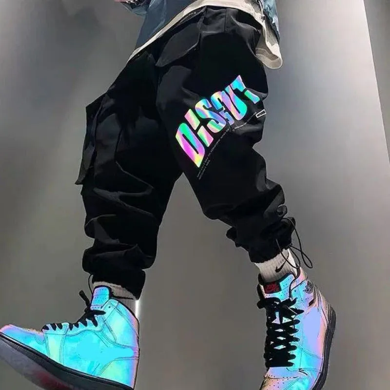 Mens Casual Cargo Pants Black Sports Joggers Reflective Trend Loose Trousers Male