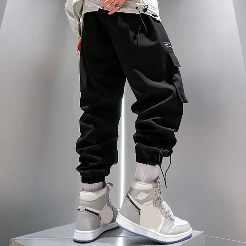 Mens Casual Cargo Pants Black Sports Joggers Reflective Trend Loose Trousers Male
