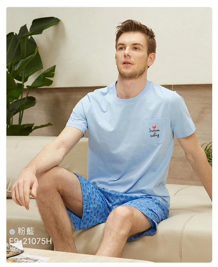 Men's Pure Cotton Short Sleeved Casual Sleepwear Set