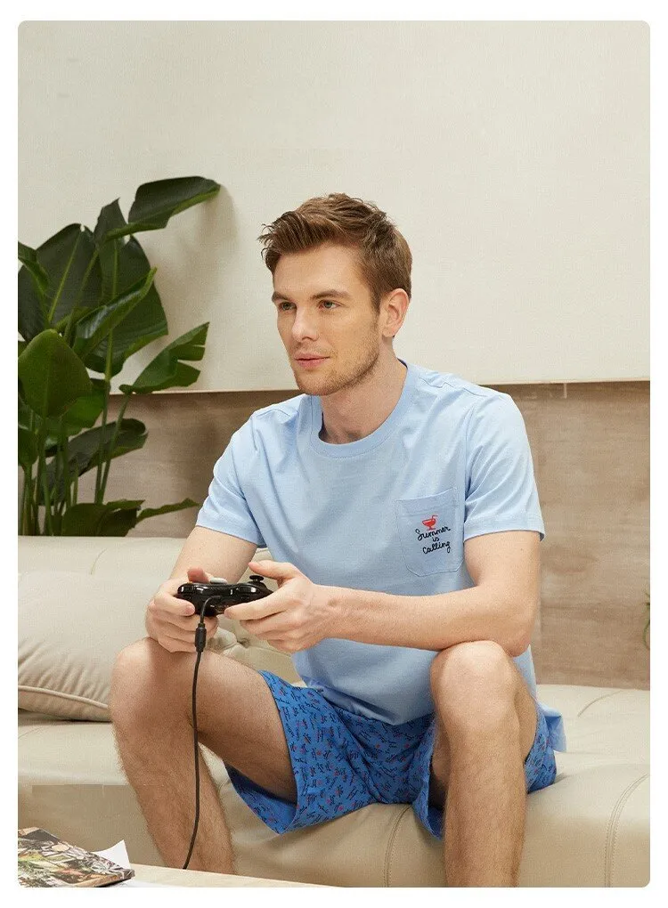 Men's Pure Cotton Short Sleeved Casual Sleepwear Set