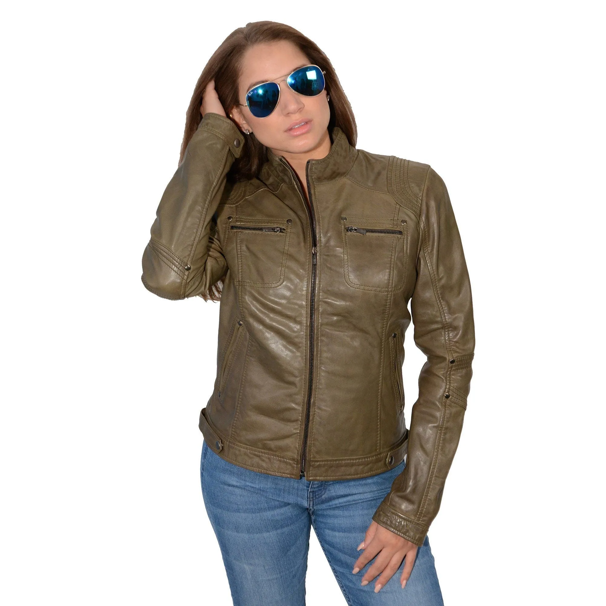 Milwaukee Leather-SFL2800-Ladies Olive Stand Up Collar Racer Jacket with Rivet Details