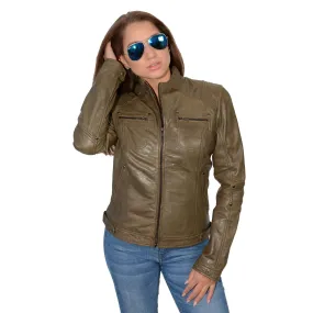 Milwaukee Leather-SFL2800-Ladies Olive Stand Up Collar Racer Jacket with Rivet Details
