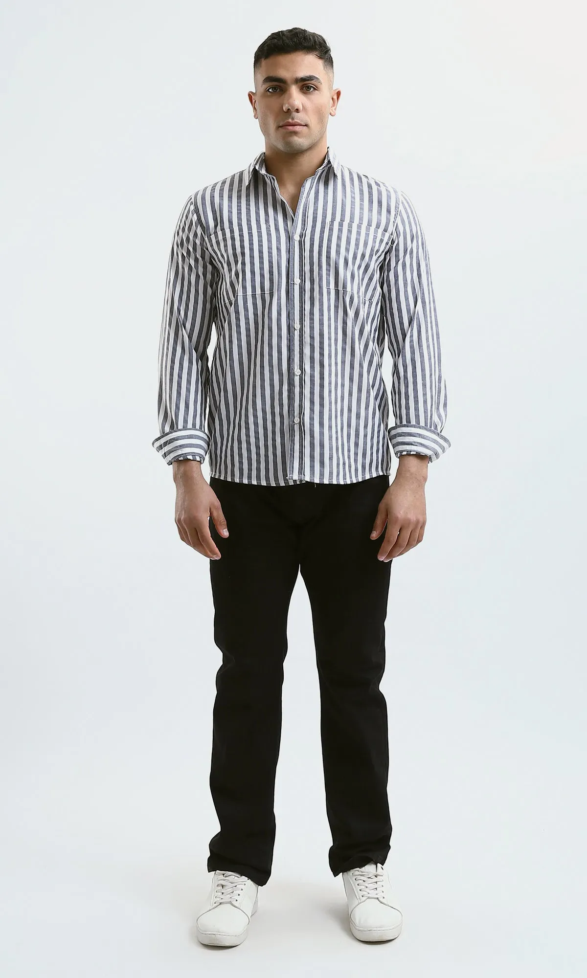 O176710 Dark Grey & White Striped Shirt With Front Pocket