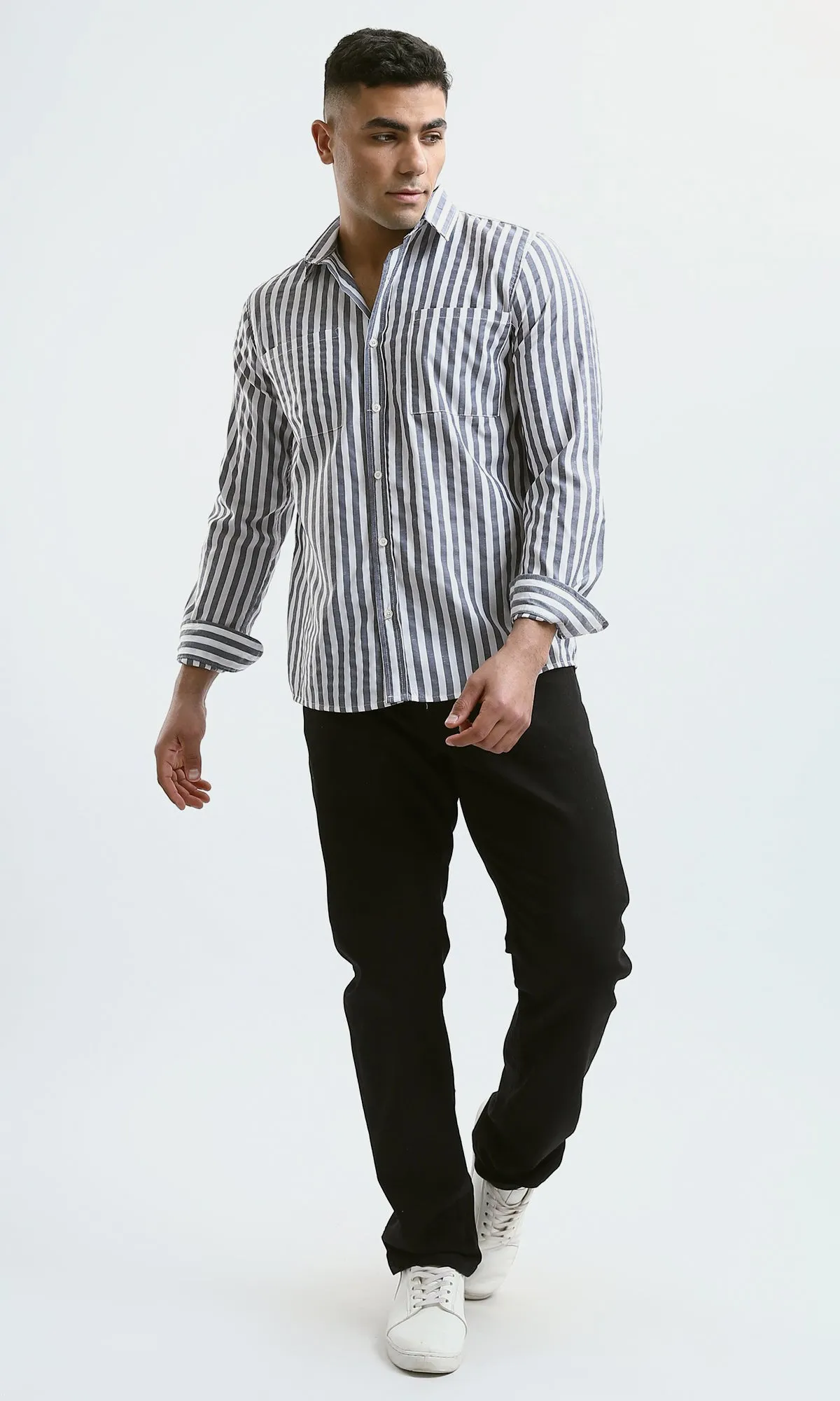 O176710 Dark Grey & White Striped Shirt With Front Pocket