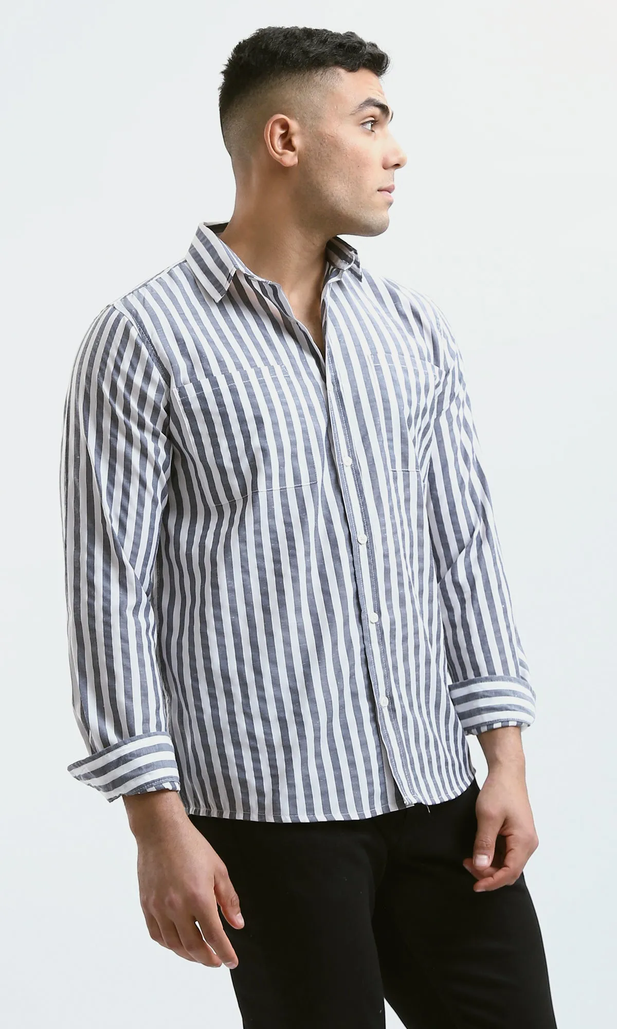 O176710 Dark Grey & White Striped Shirt With Front Pocket