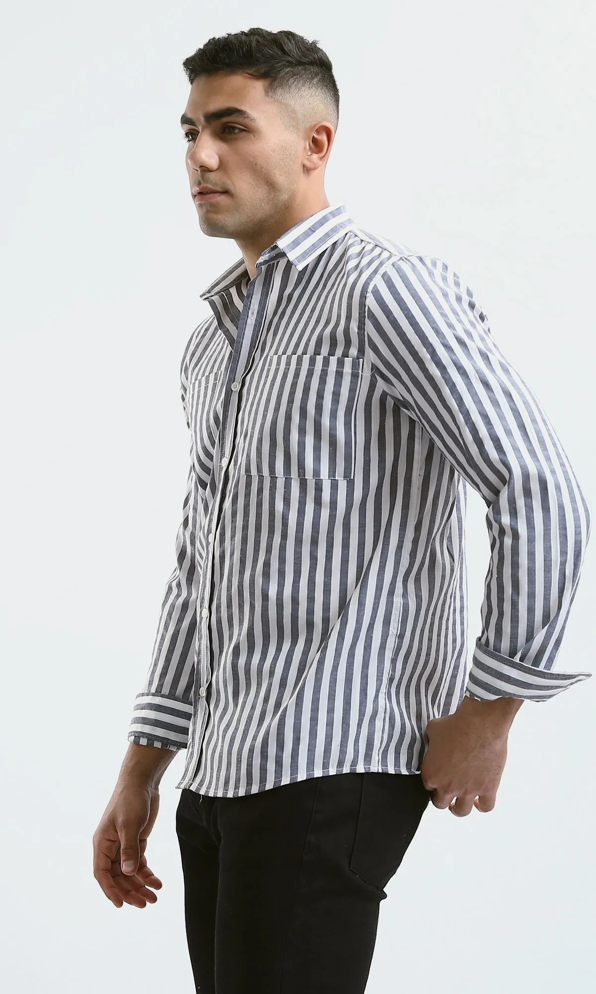 O176710 Dark Grey & White Striped Shirt With Front Pocket