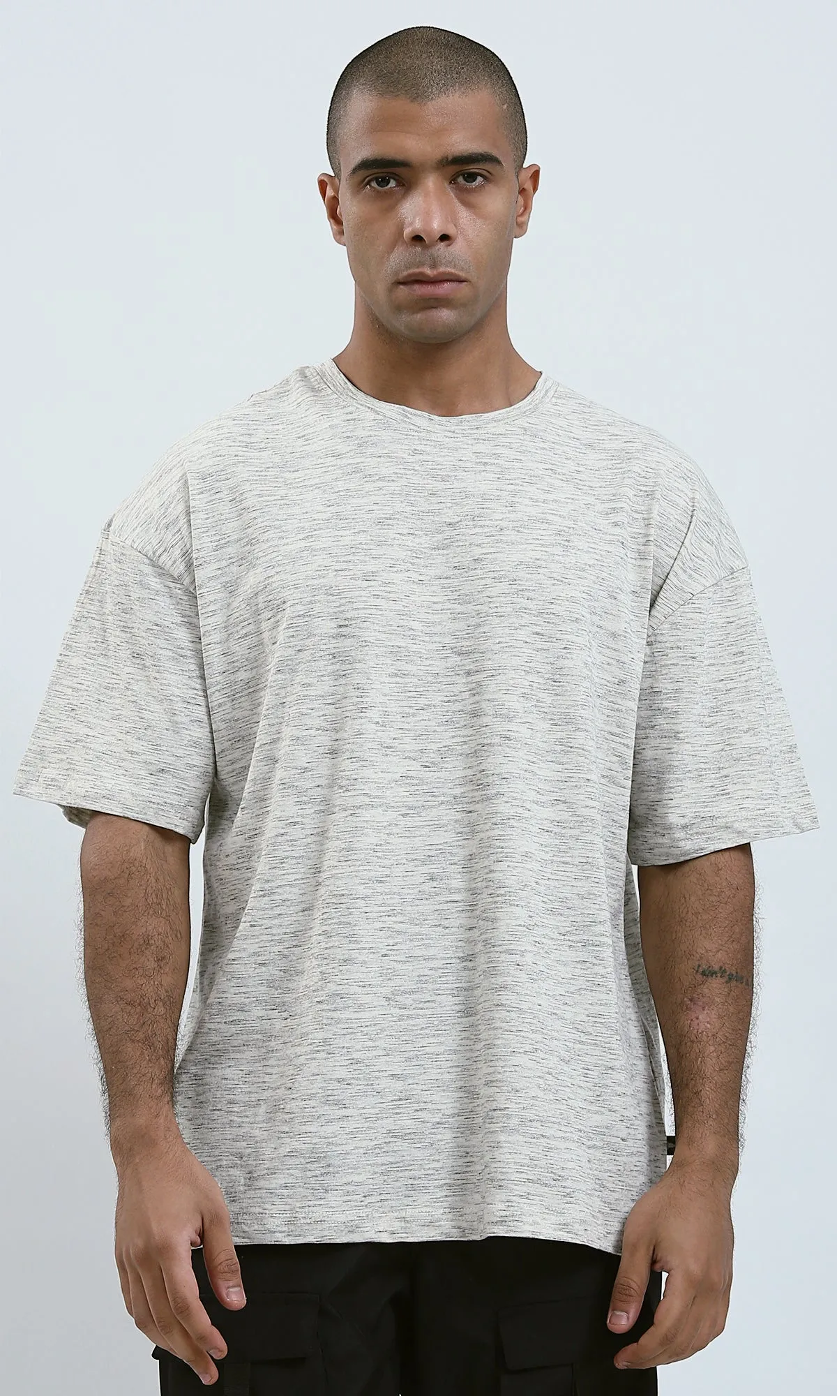 O192548 - Heather Off-White Relaxed Fit Tee with Elbow-Sleeves