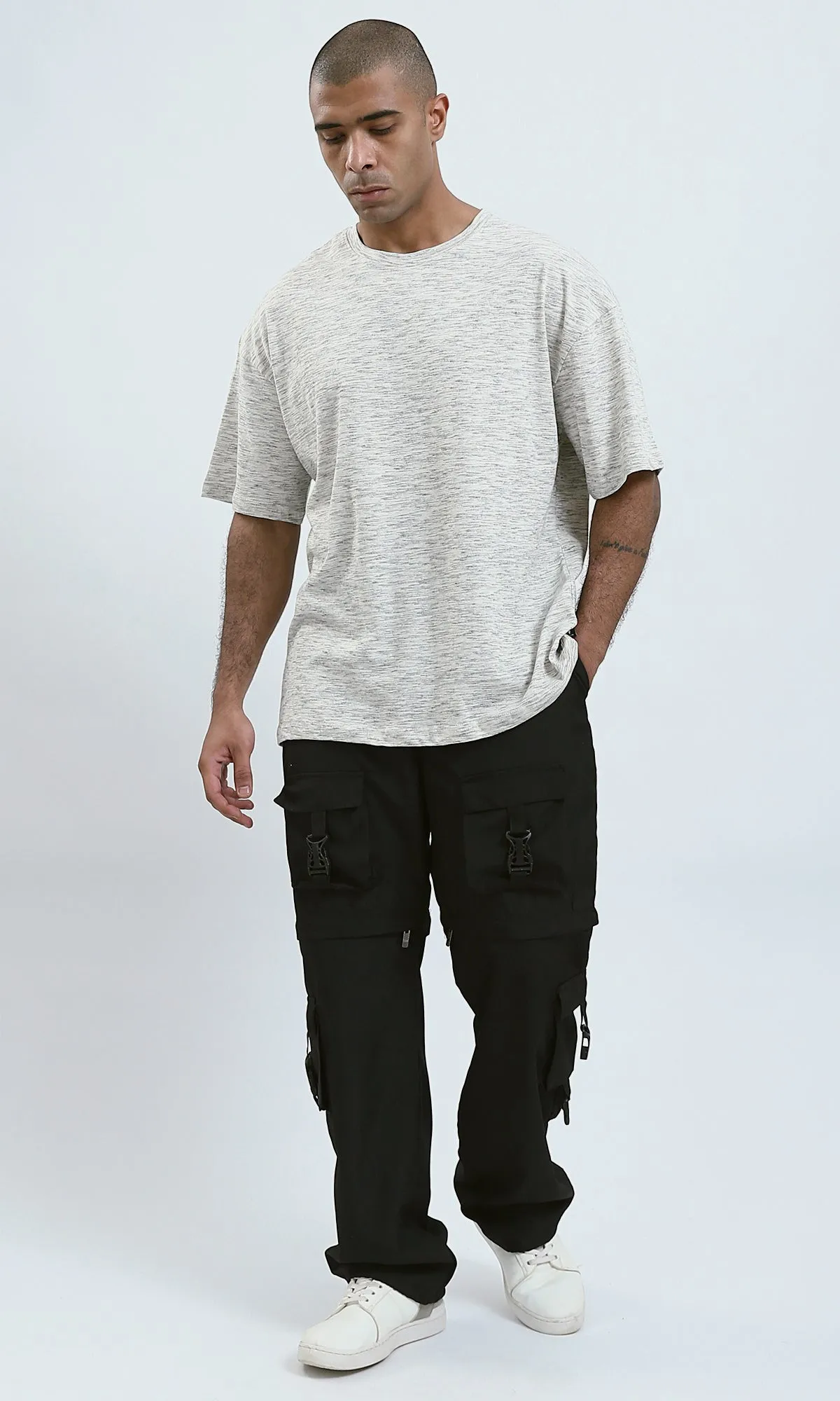 O192548 - Heather Off-White Relaxed Fit Tee with Elbow-Sleeves