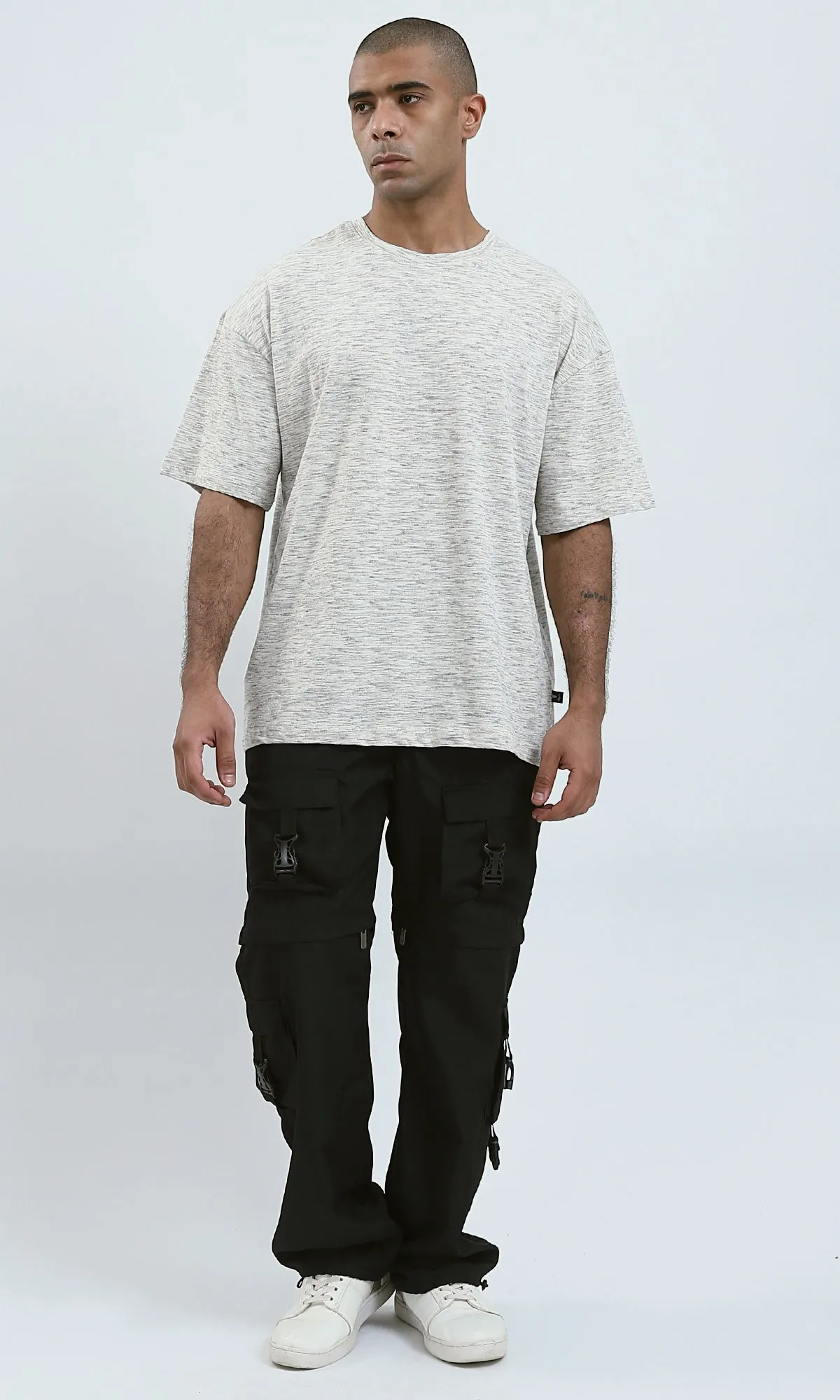 O192548 - Heather Off-White Relaxed Fit Tee with Elbow-Sleeves