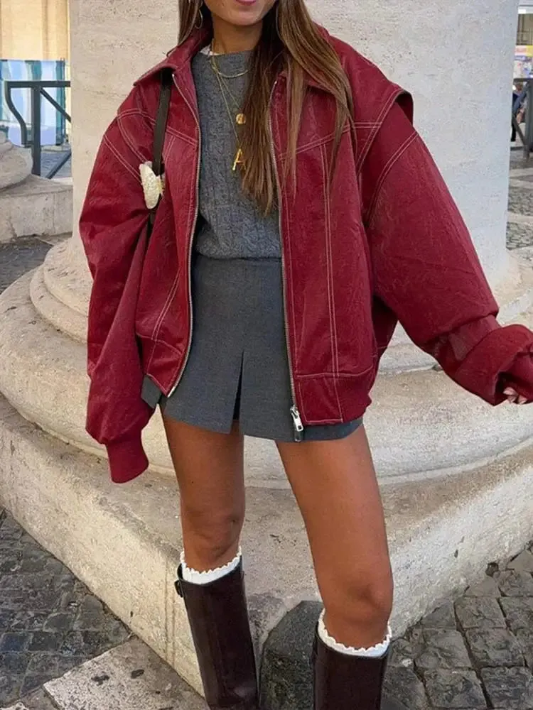Oversized PU Leather Jacket with Lapel and Bold Contrast Stitching