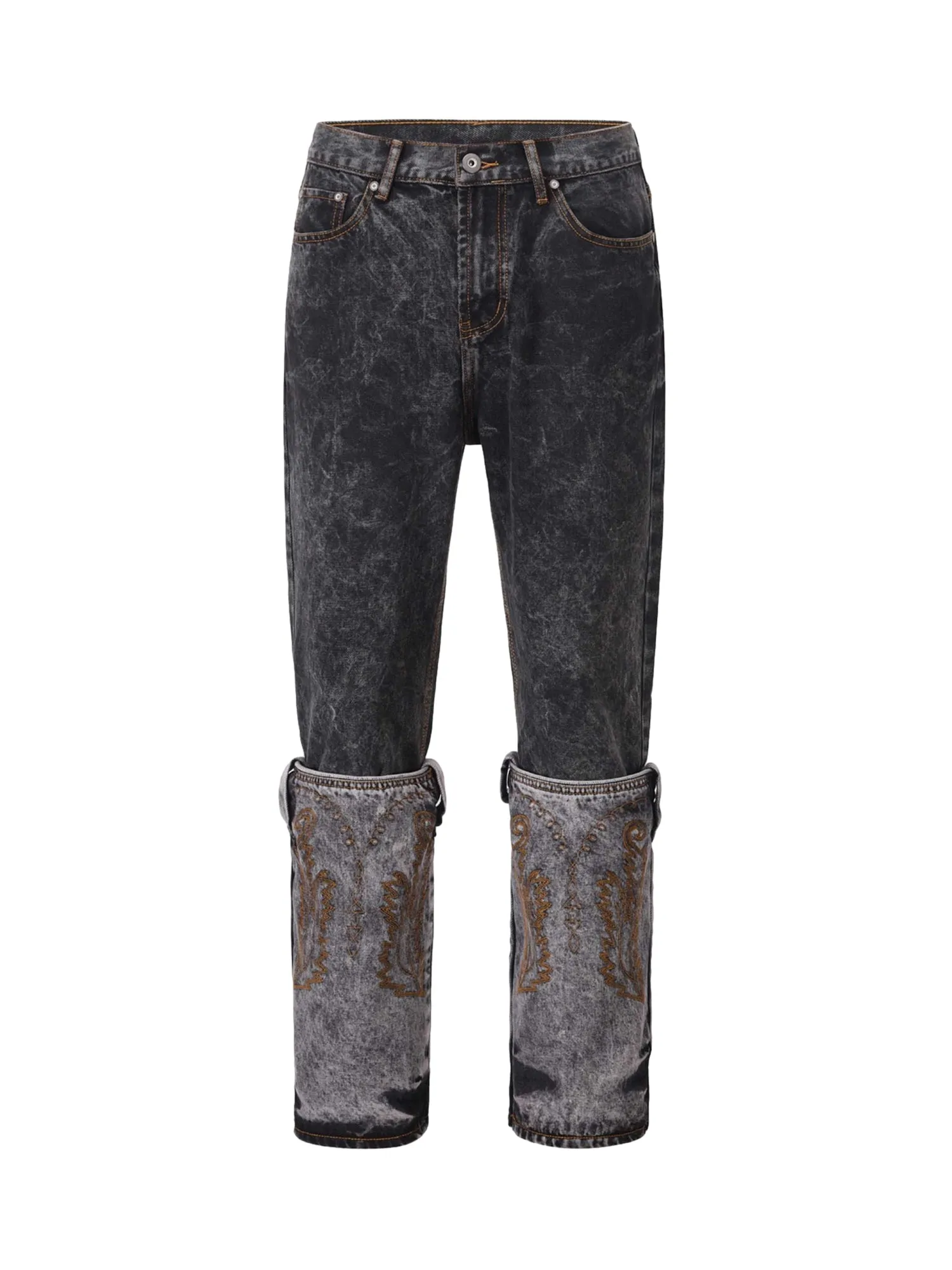 Sneakerhill Acid wash Embroidery Stitching Two-tone Jeans - 1744