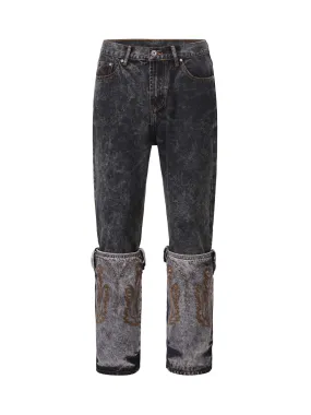 Sneakerhill Acid wash Embroidery Stitching Two-tone Jeans - 1744