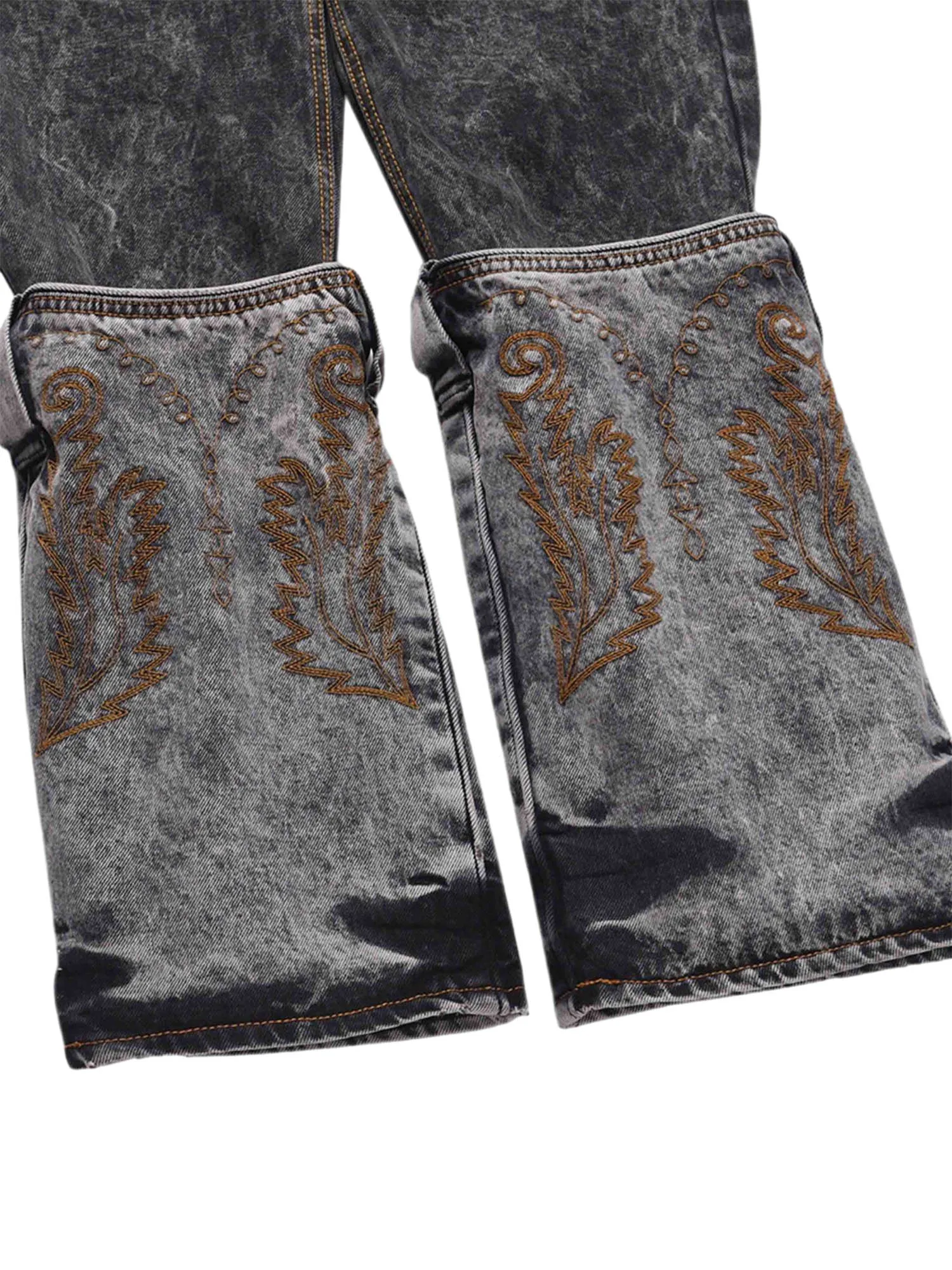 Sneakerhill Acid wash Embroidery Stitching Two-tone Jeans - 1744