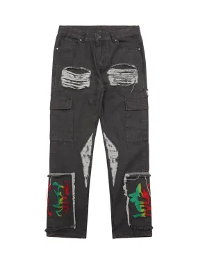 Sneakerhill Destruction Brushed Hip Hop Embroidered Jeans