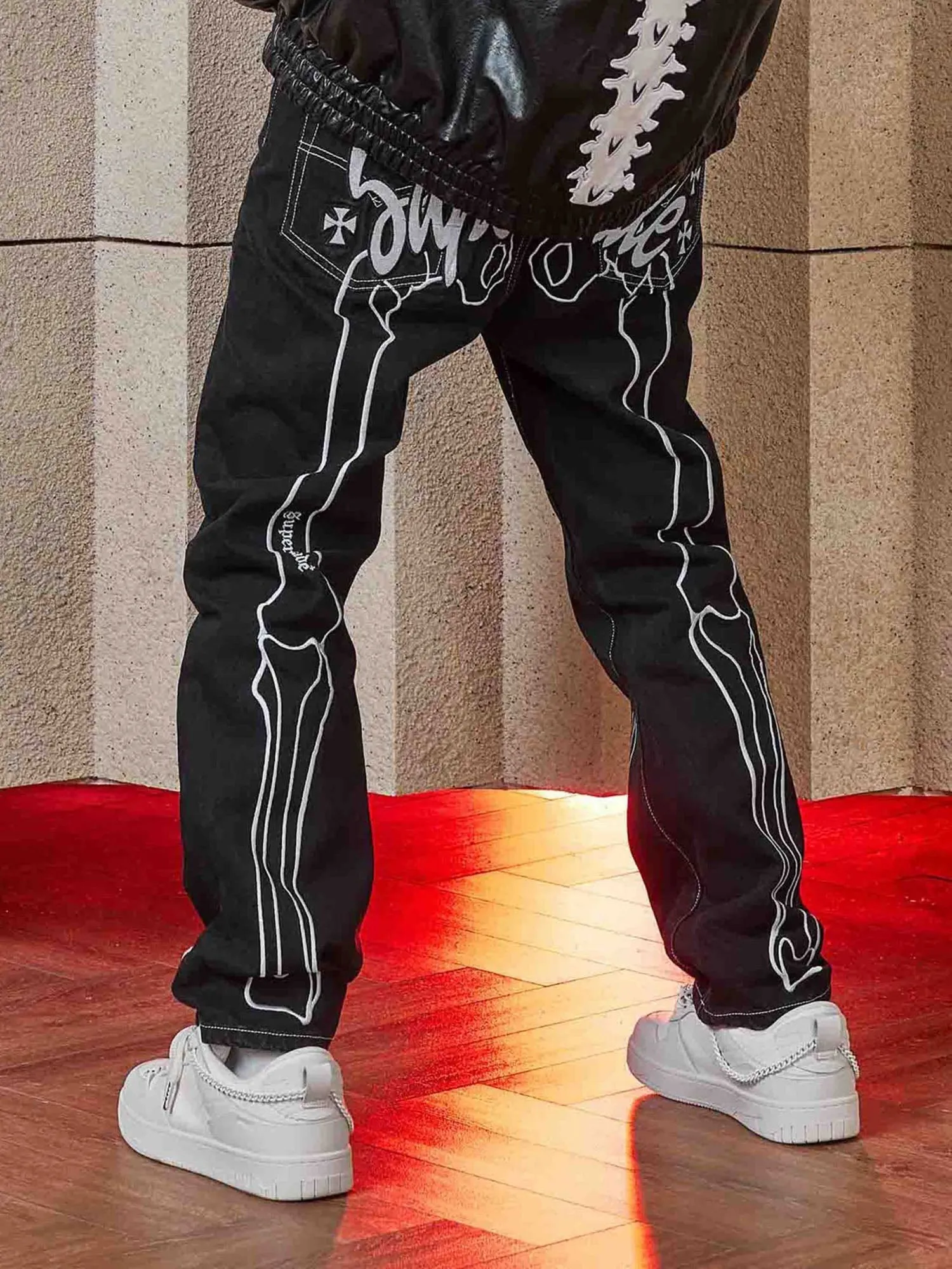 Sneakerhill Hip Hop Bones Embroidered Jeans - 1859