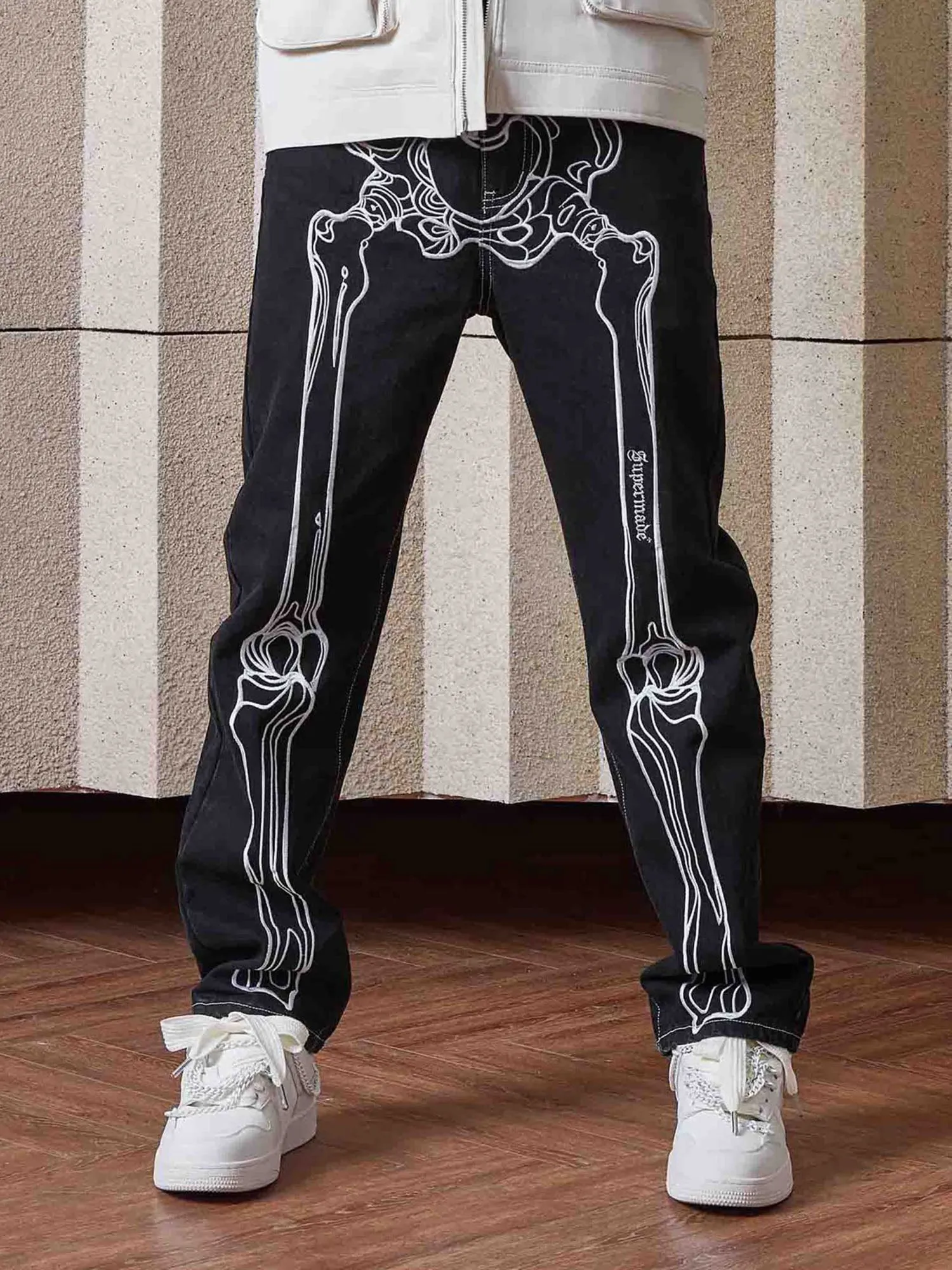Sneakerhill Hip Hop Bones Embroidered Jeans - 1859