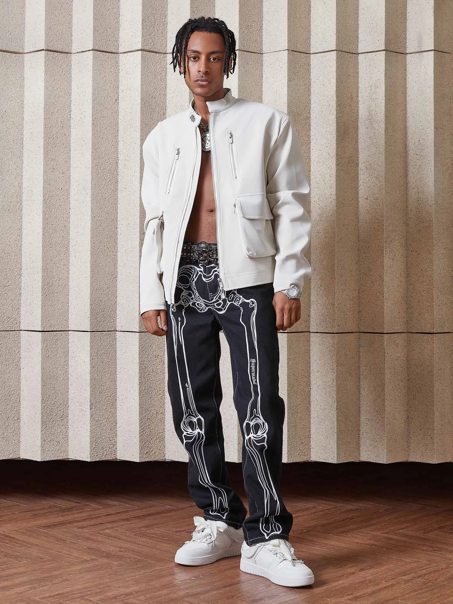 Sneakerhill Hip Hop Bones Embroidered Jeans - 1859