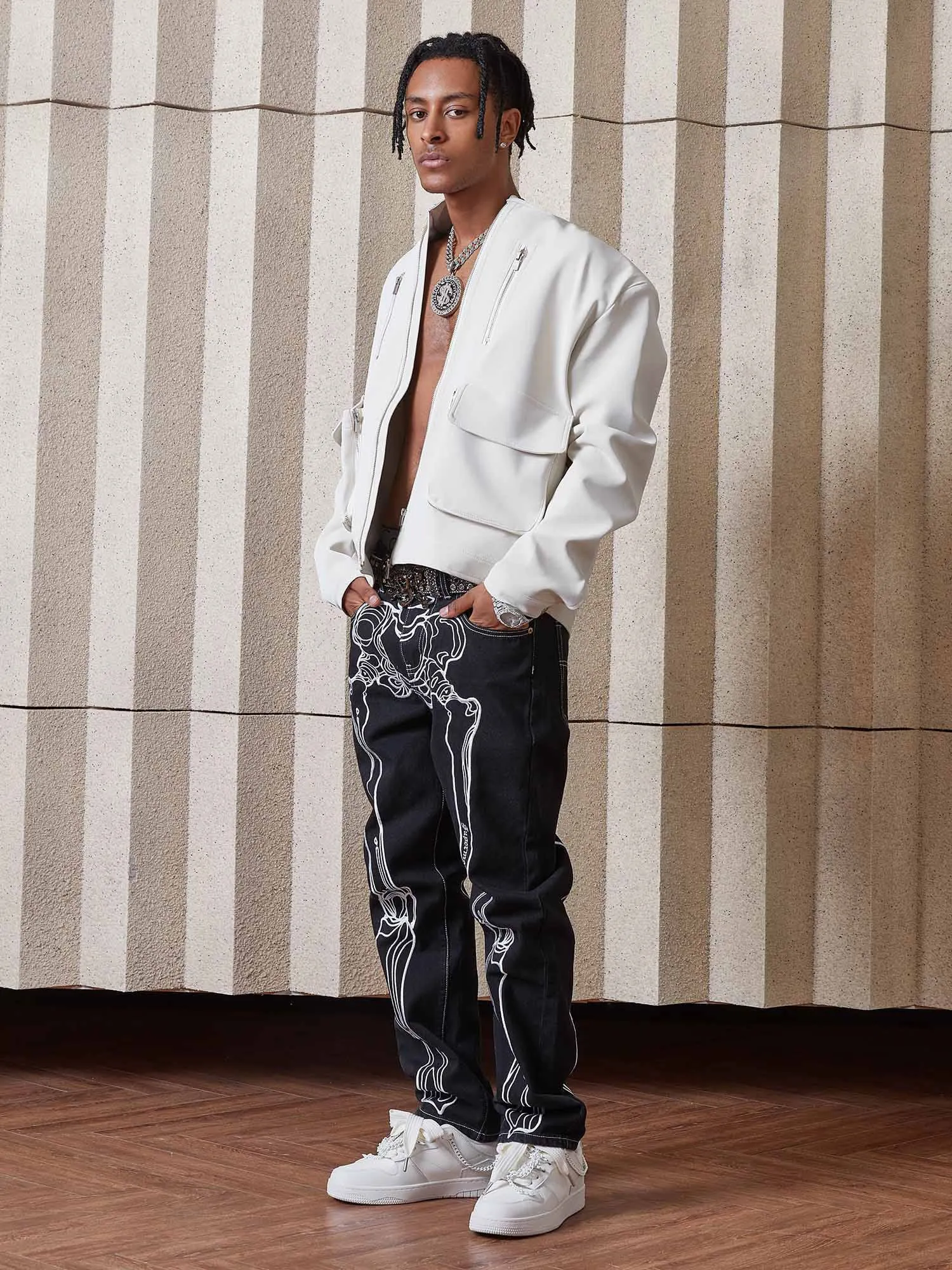 Sneakerhill Hip Hop Bones Embroidered Jeans - 1859