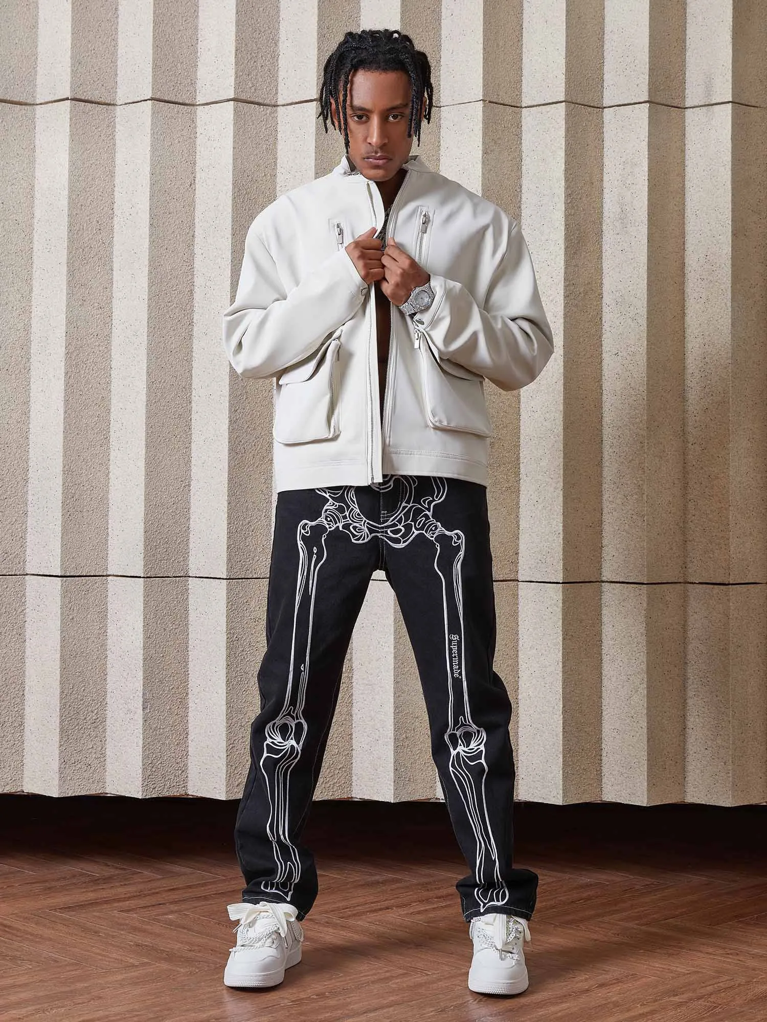 Sneakerhill Hip Hop Bones Embroidered Jeans - 1859